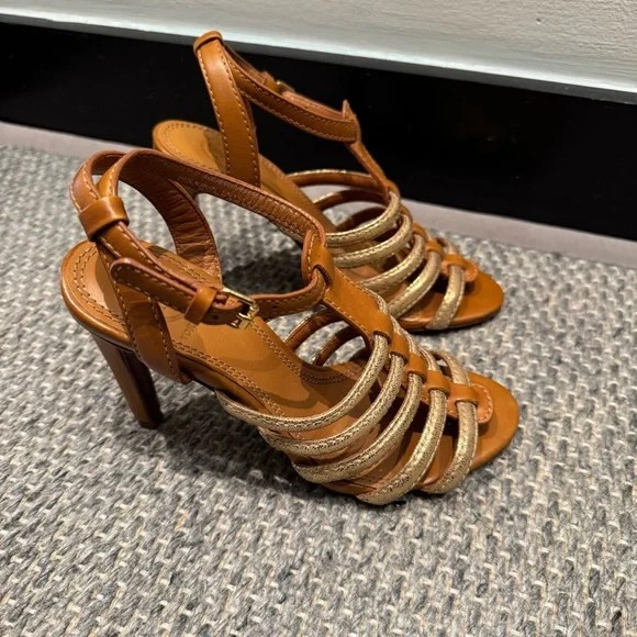 Tory Burch Charlene Tan and Gold Women's Sandals Size 5 Authentic - Picture 2 of 9